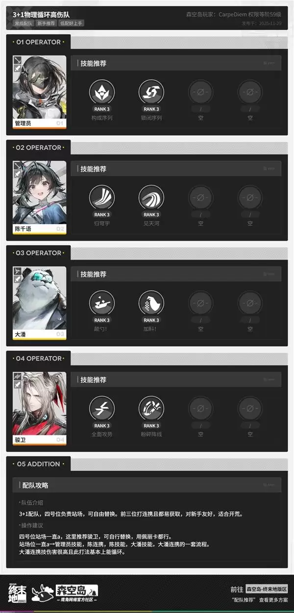 明日方舟终末地3+1物理循环高伤队推荐